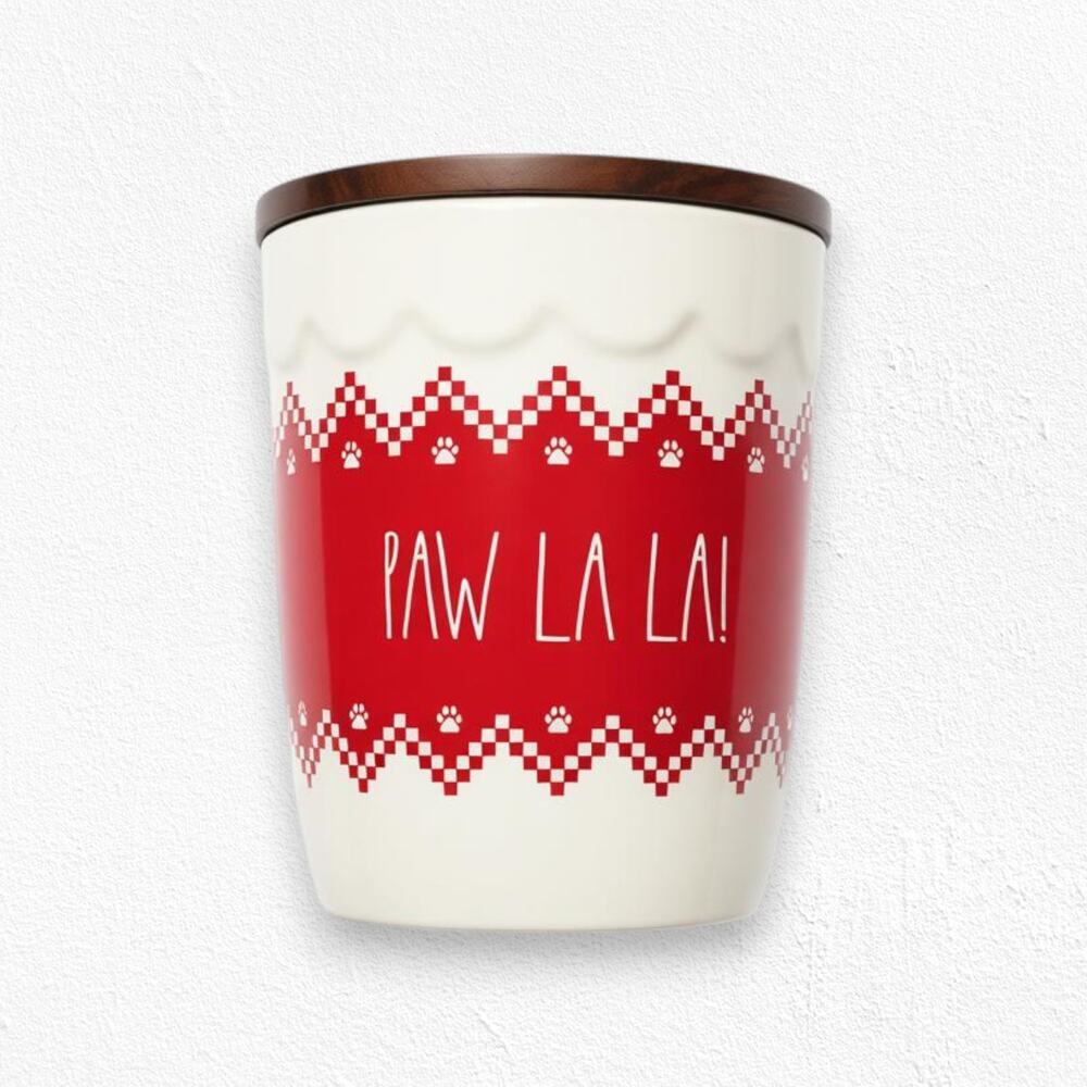Rae Dunn Paw La La Red White Holiday Pet Treat Jar Cookie Jar Ceramic Canister